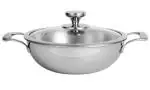 Nirlon Tri-Ply Stainless Steel Induction Base Deep Kadai with Glass Lid 22 cm
