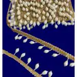 LACESNMORE Moti latkan lace Golden Cream Pearl moti Hanging latkan lace for Dupatta & Designer Blouse lace, Waist Belt Hanging lace (Pearl Golden) (9MTR) Half White Matka moti latkan lace