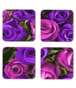 Whats Your Kick Flowers Beautiful Pink And Voilet Rose Flower Design Printed Set of 4 Coaster With Metal Stand