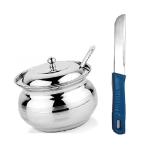 BLUE WONDER Stainless Steel Multipurpose Ghee Pot/Pickle Container with Spoon With Kitchen Vegetables Cutting Knife Chalu and (Multicolour, Pack of 2)