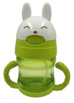 Te Quiti Green Plastic Rabbit Design Water Bottle With Soft Silicon Spout and Straw Sipper For Girls and Boys 200ml