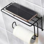 Kienlix Iron Black Coated Self Adhesive Wall Mounted Tissue/Toilet Paper Holder Storage with Shelf (Standard Size)