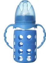 Naughty Kidz Blue Premium Glass Baby Feeding Bottle with 2 Ultra Soft Nipple, 1 Protective Warmer and 1 Handle 120ml