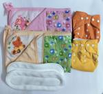 Maalove Combo of Baby Bath Towel with Waterproof Mattress Protector Sheet Pink Green 2 units and Cloth Diapers Yellow Orange with White Pads Pack of 2