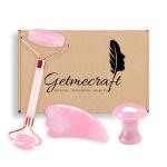 Getmecraft Rose Quartz Roller and Wing Shape Gua Sha Facial Massage Tool with Rose Quartz Mushroom