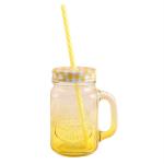 EZ Life Yellow Glass Jar Mug With Straw And Lid - 500 ml (Set of 3) Pack of 1