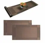 P-Plus International Placemats Brown Set of 2 with Runner for Dining Table Washable Woven Vinyl Placemats Heat Resistant Kitchen Table Mats
