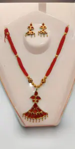 MAYURI'Z COLLECTION_Assamese Traditional Necklace & Earring Set, Pure Silver-Gold Plated (Kesa Xun) with general stones, with adjustable dori closure