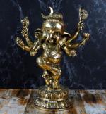 ARTVARKO Decorative Brass Six Arms Moon on Ganesha Head Puja Sculpture - 15 inch
