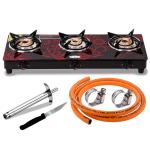 Fogger Combo LPG Hope Pipe set (1.5 Metre) with Gas lighter and Smart Red Glass Gas Stove (3 Burner)