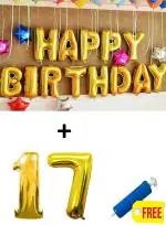 Festiko 17th Birthday Decorations Items (Happy Birthday Foil Balloon Pack Of 13 Letters, Gold, Number 17 Foil Balloons With Balloons Pump)