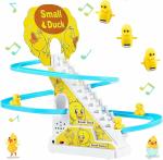 Cuberspeed Small Ducks Climbing Toys, Electric Ducks Chasing Race Track Game Set, Playful Roller Coaster Toy with 3 Duck LED Flashing Lights Music Button Fun Duck Stair Climbing Toy for Toddlers Kids