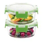 Cutting EDGE Borosilicate Glass Container with Lid Safe Lock Round Glass Food Container Microwave Safe for Kitchen (Green, 400ml, Set of 2) (CE_RGC_Set2_Green)