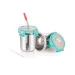 LiLLMONKiDZ Stainless Steel Tumbler for Kids | Tumbler Glass with Straw for Kids | Steel Tumbler with Lid, Straw, Cleaning Brush and Silicon Sleeve | (Sea Green, 300ml * 2 pcs)