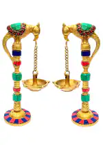 KESHTO Diya Parrot Hanging Oil Lamp Brass (Set of 2) Diya Brass Parrot Hanging Stone Disinge (Pack of 2) Deepak Parrot Hanging Set of 2 Diyas Home and Living Room Decoration