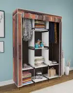 Eco Shopee Collapsible Wardrobe Portable Cloth Rack Storage Organizer Shelves Non Woven Fabric and PP Plastic Storage Unit for Clothes Printed Almirah (Self Assemble) 3000-2 Wooden Brown