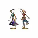 Parshivi Handicrafts Wrought Iron Emboss Painted Playing Dandia Couple/Handcrafted Gujarati Couple Garbha Dancing Decorative Showpiece for Home Deocr|Room Decor|Gift (Multicolor) 13.5 Inch