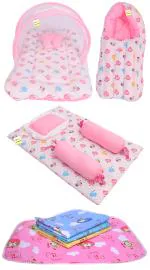 Kwitchy Combo of Baby Bedding | Bed with Net | Carry Bag | 4 Waterproof Sheets 4 Pcs Bedding Set (0-6 Months)