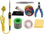 Fadman Yellow, Black Electric Soldering Iron, Solder Wire, Cutter, Stand, Paste, Tweezer, Wick, Sponge (Set Of 8)