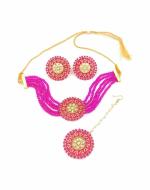 Bella Store Women Pink Brass Handmade Kundan Choker Golden Magenta Bollywood Necklace with Mangtika and Earrings (Pack of 3)