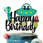Festiko Aliens Cake Topper, Outer Space Theme Happy Birthday Blast Off Rocket Ship Boy Girl Baby Party Decoration