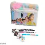 Topgifties BTS Army Team Fur Pencil Case with 4 Erasable Diary Pen for Girls Boys / Kids Cotton Soft Black Pink Pencil Pouch with Pen /School Stationery Black Pink Pouch Travel for Kids Zipper Closer Pouch (Pack of 5)