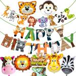 Zyozique Jungle Safari Happy Birthday Decoration Kids,Animal Birthday Party Decoration Banner with Foil Balloons, Cake Topper & Character Banner Pack of 9)