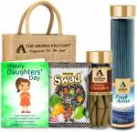 The Aroma Factory Happy Daughter's Day Gift Hamper Set (Swad Mix 25 Candy, Incense Fresh Active Agarbatti, Kesar Chandan Dhoopcone, Greeting Card, Jute Bag) Gift Item