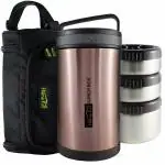 Home Puff Rose Gold Stainless Steel Double Wall Vacuum Insulated Lunch Box with 3 Container 1.7 L