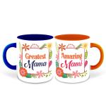 Whats Your Kick Set of 2 Greatest Mama and Greatest Mami Flower Design Orange and Dark Blue Ceramic Coffee Mug 325ml