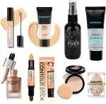 DAIMANPU Face Makeup Liquid Shimmer Highlighter, HD Concealer, Matte Foundation, Fixer, Tube Primer, 3D Contour, Compact Powder Blender (8 Items in the set)