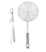 Urban Buy Stainless Steel Roti Chimta Tong With Stainless Steel Deep Fry Strainer and Multicolour, Pack of 2
