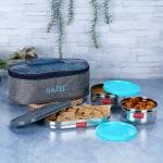 HAZEL Stainless Steel Lunch Box for Office Men & Women with Lunch Box Bag | Steel Tiffin Boxes for Lunch Set of 3 Air Tight Tiffin Boxes Leak Proof Containers 2 Pc 450 ML Each with Roti Chapati Dabba