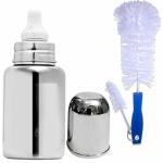 PGD Plain Silver Stainless Steel Baby Feeding Bottle with Cleaning Brushes (0-24 months) - 150 ml
