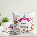 ASHVAH White Round Happy Birthday Yashdeep Ceramic Coffee Mug and Cushion with Filler Combo Gift (Pack of 2) AS-D3COMBO-Yashdeep-W