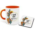 Whats Your Kick I Love You Mom in Tamil Language Flower Design Printed Orange Ceramic Coffee Mug with Coaster and Tea Mug 325ml