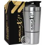 MuscleXP Gym Shaker Classic XP Mixer Stainless Steel Shaker Blender, 100% Leakproof Guarantee, 590 ml For Protein, Pre Workout and BCAAs, BPA Free Material Sipper Bottle with Compartment (BLACK CAP)