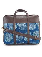 NEPRI Vegan Leather Handmade Laptop Bag | Printed Ajrakh , Cactus Indigo