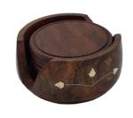 RAMYAMART Brown Wood Coaster Set For Tea Coffee And Drink With Lotus Shaped Holder Stand (Set Of 6)
