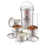 Dhara Stainless Steel Mazaana Medium 4 Tiers Steel Insulated Lunch Tiffin Box | Traditional Tiffin Containers for School/Office (300ml X 3 Containers, 400ml X 1 Container)