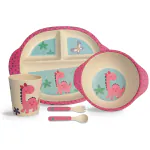 Safe-o-kid 5 Piece Bamboo Fiber Dinner Set For Kids, Eco Friendly, Plate - Bowl - Spoon - Fork And Cup, Feeding Tableware Meal Set For Toddlers, Pink Pack of 1