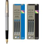 Parker Frontier Stainless Steel GT Fountain Pen + Quink Ink Cartridge - Blue & Black (Pack of 6)