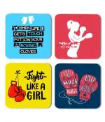 Whats Your Kick Fight Like a Girl Boxing theme Printed Set of 4 Coasters With Beautiful Metal Stand