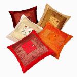 Rastogi Handicrafts Silk Zari Hand Embroidery Work Cushion Cover Set (Multicolour, 41x41cm)-Set of 5