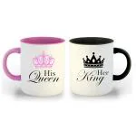 Whats Your Kick Couple Theme Her King His Queen with Crown Design Printed Pink and Black Ceramic Set of 2 Coffee and Tea Mug 325 ML