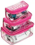Rasafa Set of 3 Printed Cosmetic Bag, Makeup Organizer, Makeup Kit, Storage Case, Transparent Vanity Box (Pink)