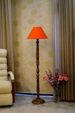 TU CASA Mango Wood Brown Floor Lamp with Orange Drum Conical Shade WF-6