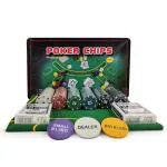 NHR Poker Chips Professional Set with Case, 300 Poker Chips, Poker Gaming Mat + 1 Dealer Button, 1 Big Blind Button and 1 Small Blind Button, 2 Decks of Playing Cards and Instruction Manual