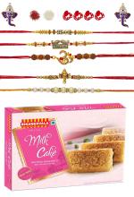 Feastive Celebrations Bikanervala Milk Cake With 5 Blessed Rakhis, Pair Of Ganesha Soan, Pooja Rakhi, Kesar And Chawal, 500 Gm (Set Of 4)
