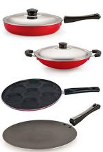 Nirlon 4 pcs of Red and Black 3 Layer Non-stick Aluminium Coated Kitchen Cookware Combo Set, Standard